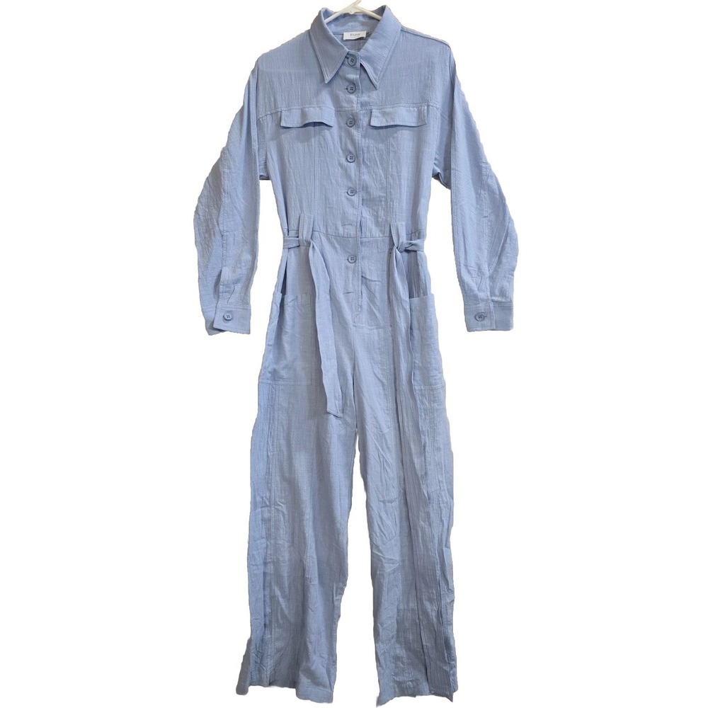 Bluivy Harper Button Down Tie Waist Jumpsuit Womens S Blue Cotton Straight Leg